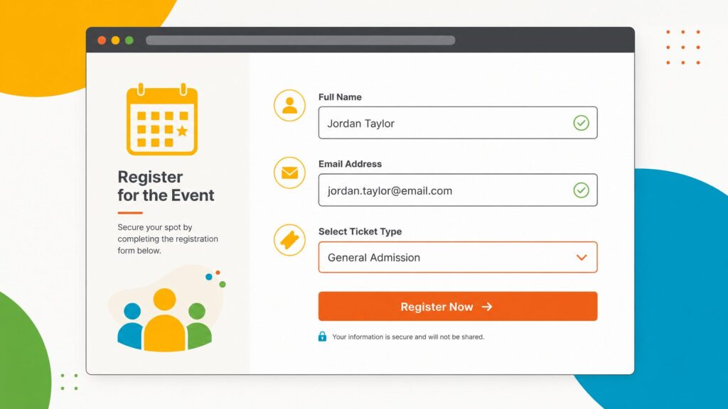 Illustration of an online event registration form on a browser window capturing attendee name, email, and ticket details
