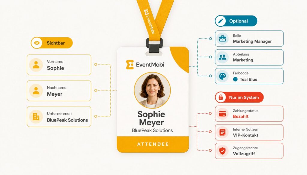 Infografik: Badge mit Datenfeldern gruppiert in sichtbar, optional und nur im System