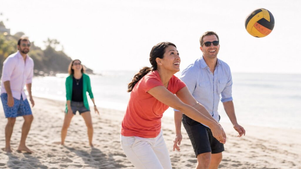 Candid, bright photo of a lively outdoor group offsite activity near the water at a corporate incentive trip