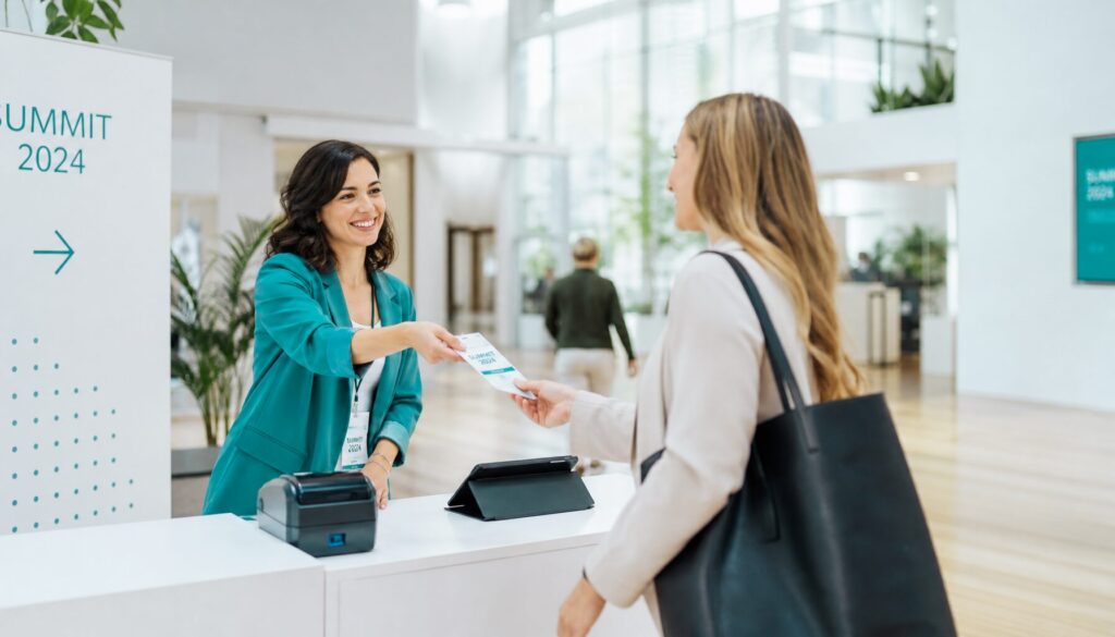 Eventpersonal am Check-in mit Onsite-Badge-Ducker gibt ein Badge an eine Teilnehmerin aus