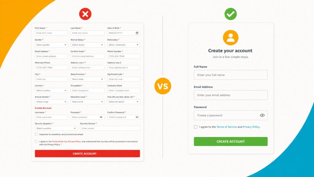 Illustration comparing a cluttered, overloaded registration form with a clean, streamlined form