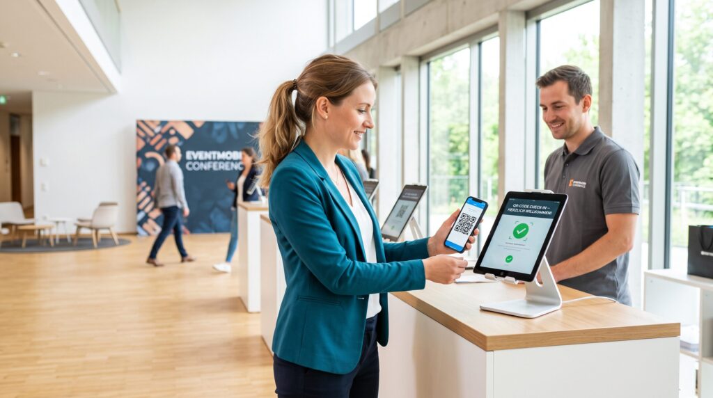 Eine Veranstaltungsteilnehmerin vor einer Selbst-Check-in-Station mit Smartphone in der Hand. Ein Mitarbeiter unterstützt bei Fragen.