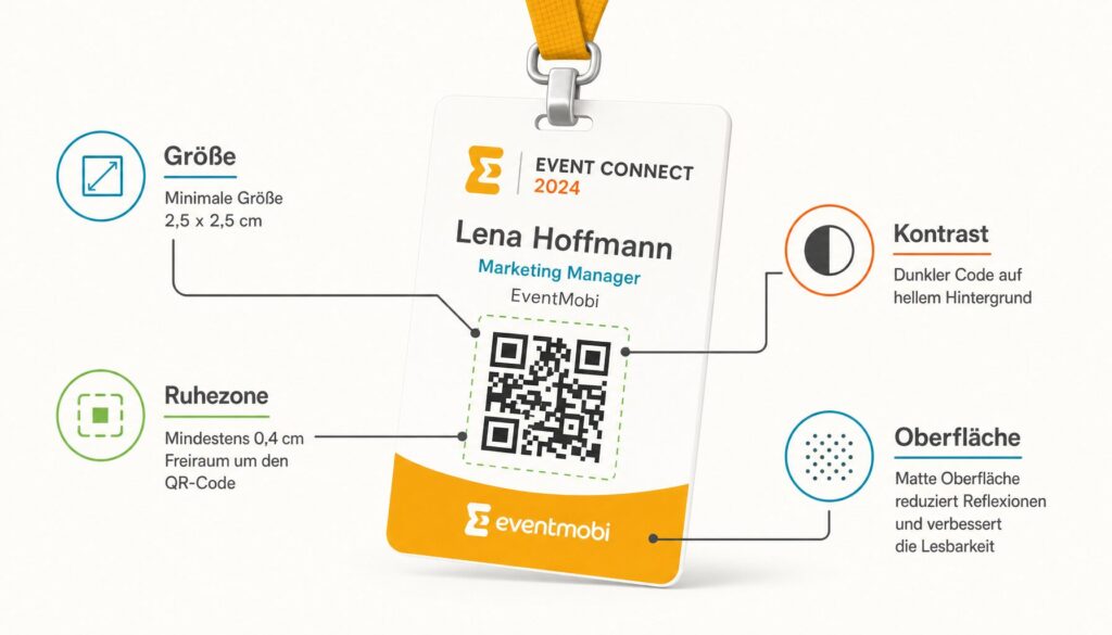 Grafik: Richtwerte für die Gestaltung eines Event-Badges mit QR-Code – Größe, Ruhezone, Kontrast, Oberfläche