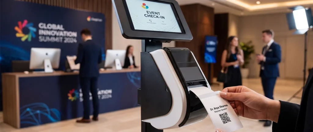 Self-Service-Check-in-Station mit iPad und Badge-Drucker auf einer Veranstaltung