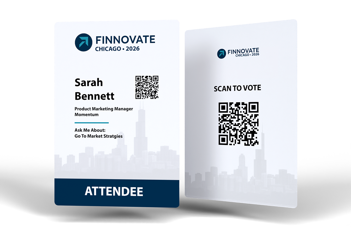 Annual meeting event badge example showing attendee meeting role and QR code for voting and governance documents