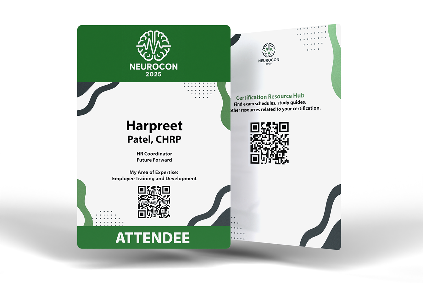 Certification track event badge example showing attendee certification status, area of expertise, and QR code linking to a certification resource hub