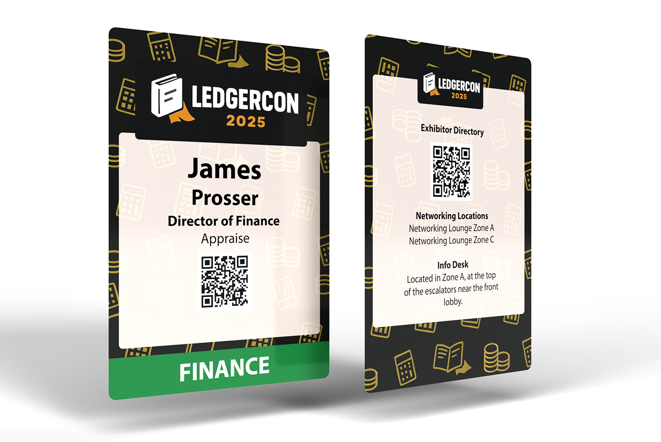 Convention event badge example showing attendee industry, session track, and QR code linking to exhibitor directory and venue services