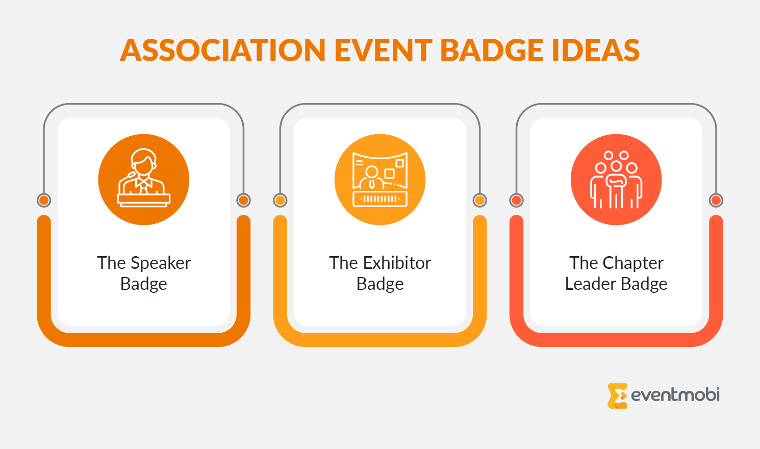 Infographic showing association event badge ideas for speakers, exhibitors, and chapter leaders