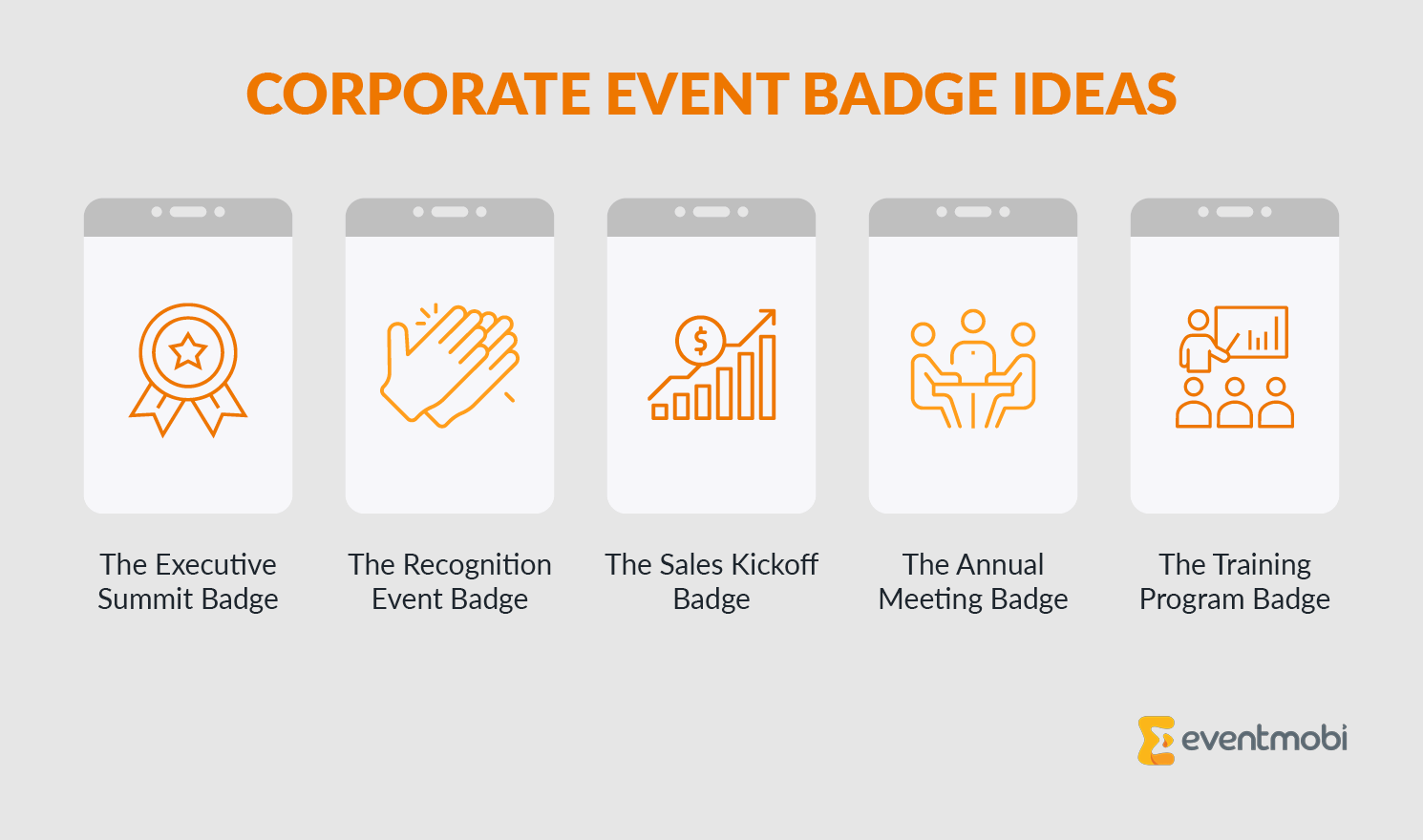 Infographic showing corporate event badge ideas for executive summits, recognition events, sales kickoffs, annual meetings, and training programs