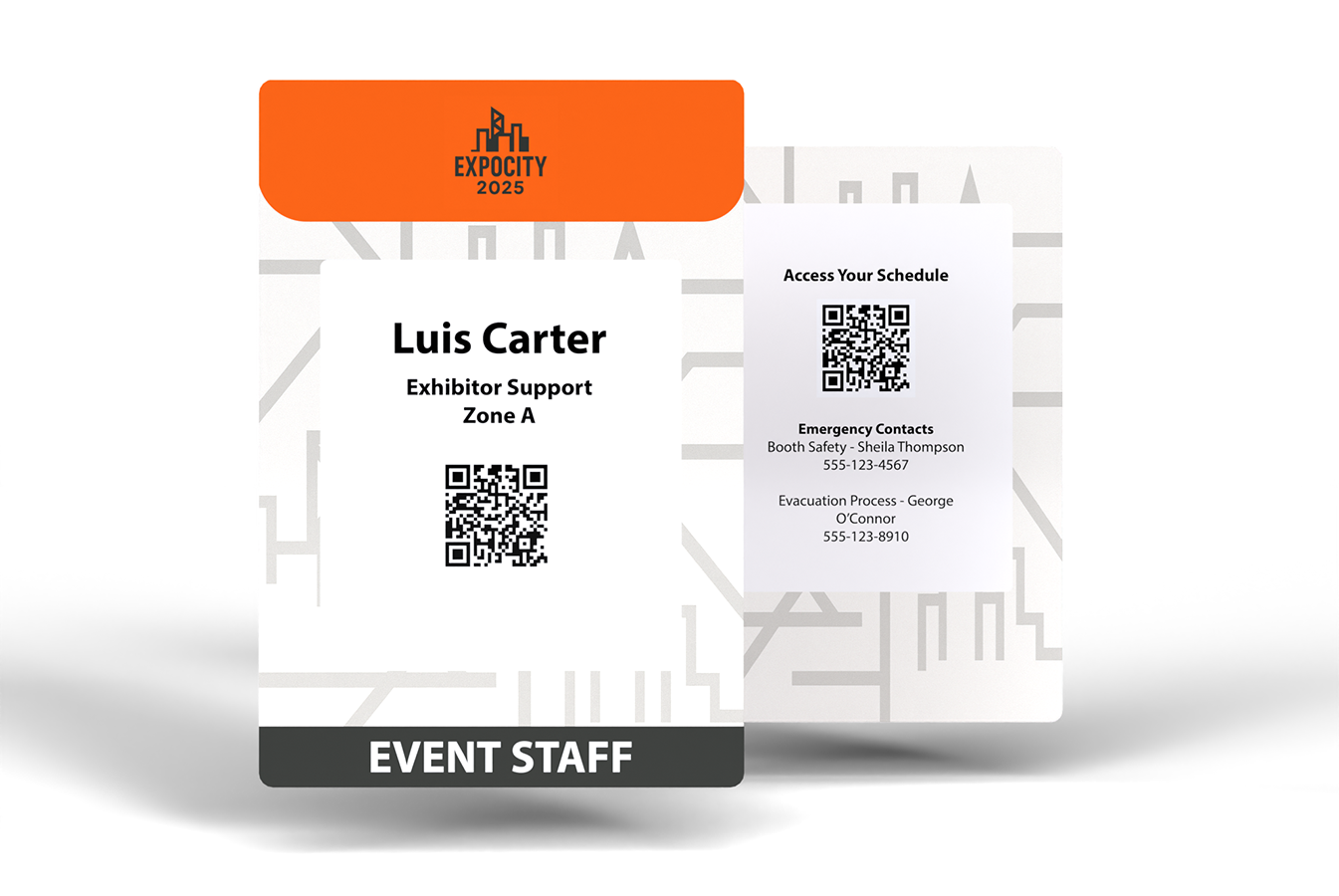 Event staff badge example showing role, zone assignment, shift schedule QR code, and emergency contacts