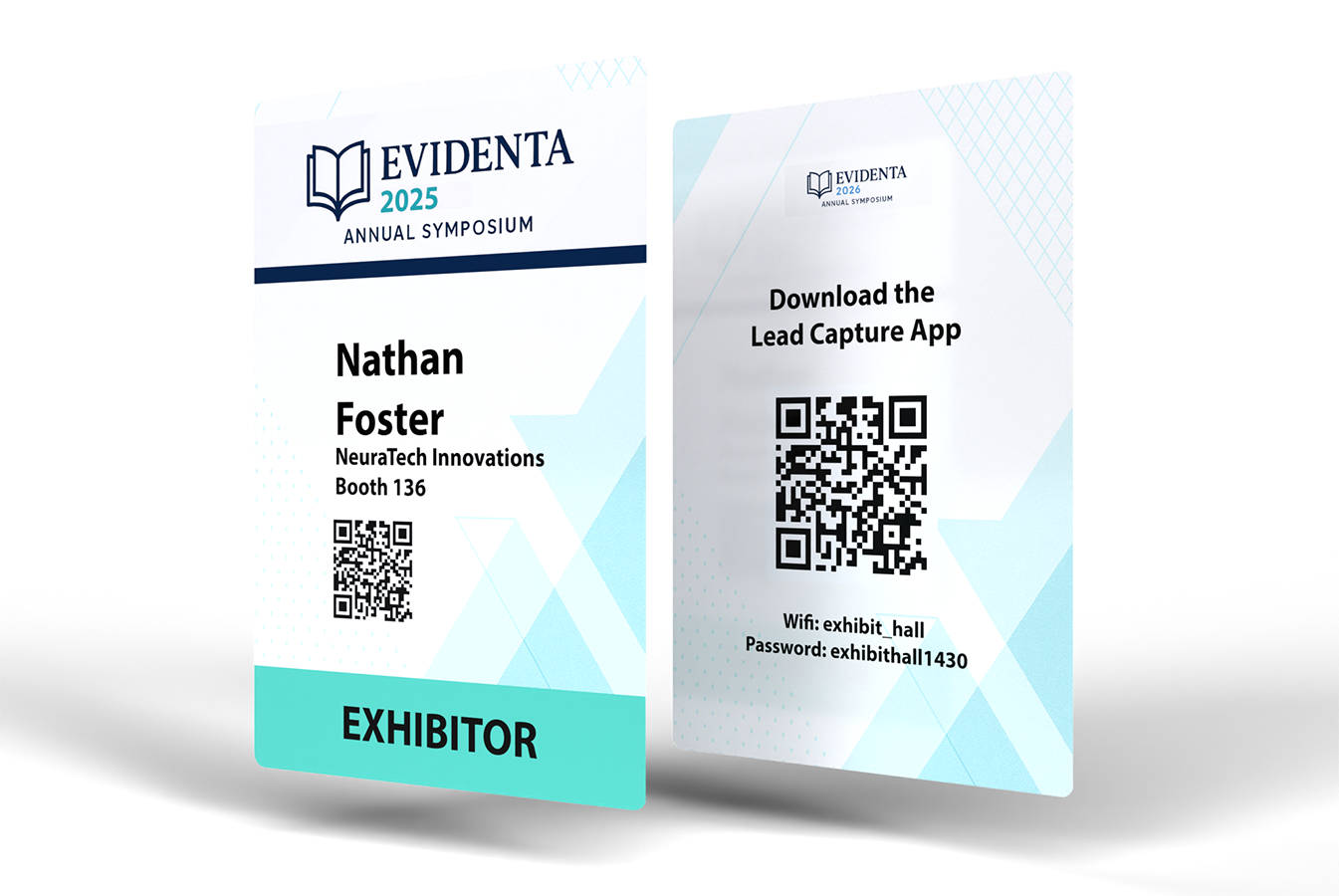 Exhibitor event badge example showing sponsor company name, logo, booth location, and Lead Capture App information