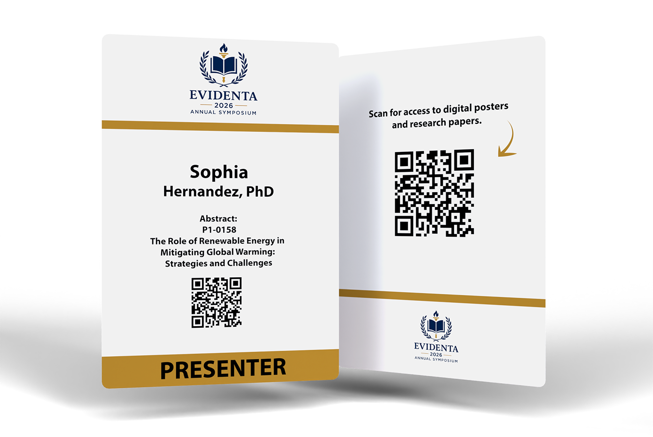 Research presenter event badge example showing name, abstract number, presentation details, and QR code for digital posters