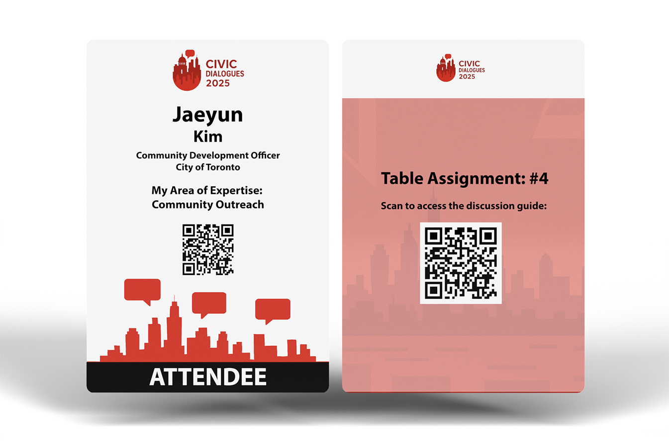 Roundtable event badge example showing attendee topic of expertise, table assignment, and QR code for session materials