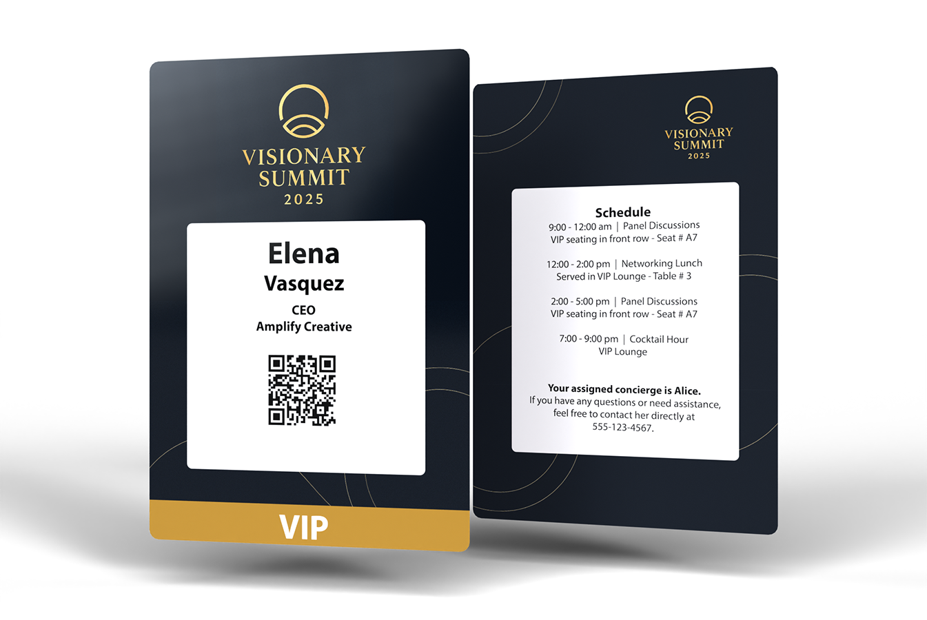 VIP experience event badge example showing access level, personalized VIP schedule, lounge locations, and concierge contact