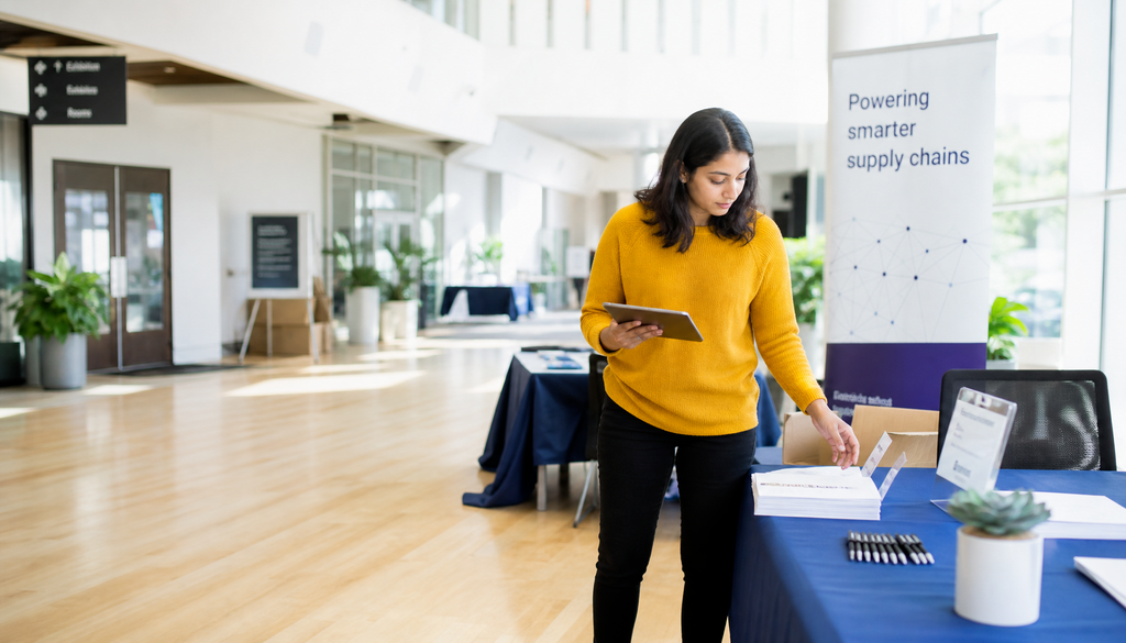 Exhibitor in a mustard sweater setting up a booth and checking a tablet in a bright event space before opening.