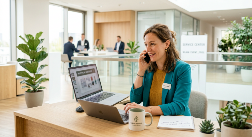 Eventmanagerin telefoniert mit einem Aussteller