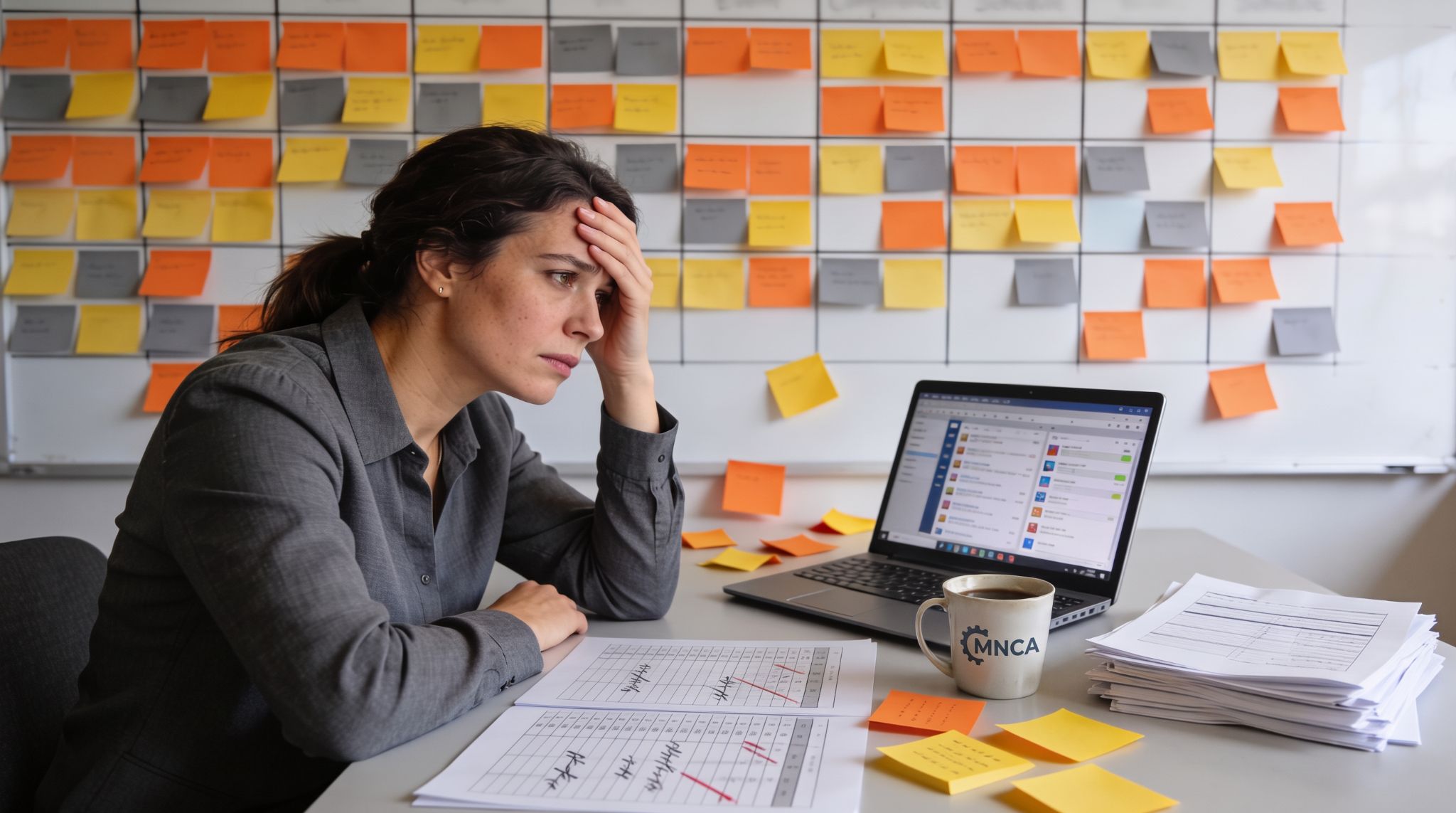 A frustrated woman sitting at a desk with her hand on her forehead, looking overwhelmed by a laptop screen, paper spreadsheets with red marks, stacks of printed files, and a wall covered in colorful sticky notes.