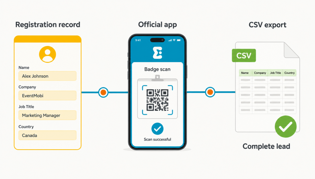 Flow diagram: registration record feeds the official scanning app, producing a complete CSV lead export