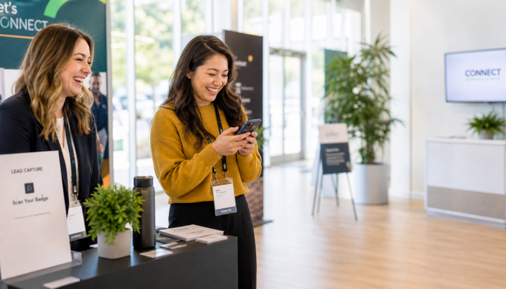 Booth staffer in a mustard sweater tests an app on her phone beside a laughing colleague before doors open