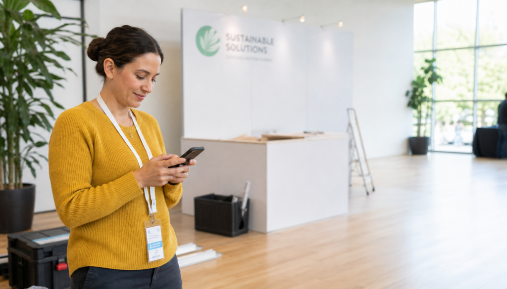 Woman in a mustard sweater sets up an exhibition booth while tapping on her smartphone in a bright venue