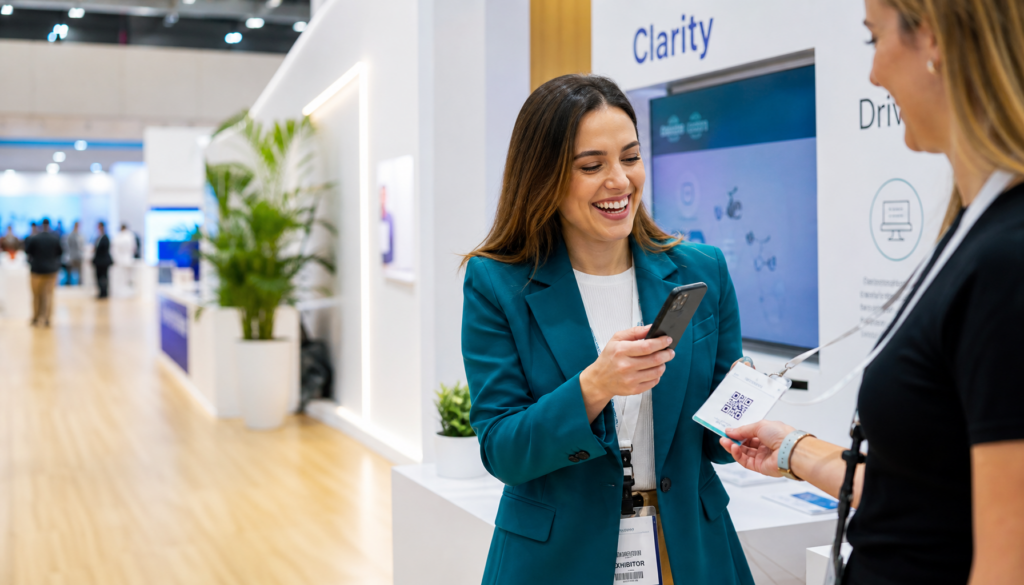 Exhibitor in a teal blazer laughs while scanning a visitor's badge with her phone at a bright trade show booth