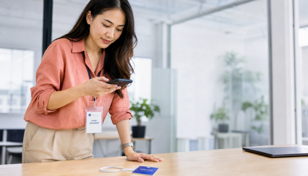 Event organizer in a coral shirt scans a sample badge with a smartphone at a bright meeting table